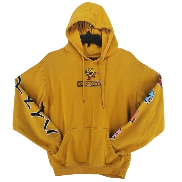 Vtg Pac Man Hoodie Sweatshirt Mens S Gold Japanese Characters Graphics Fleece - Picture 1 of 14